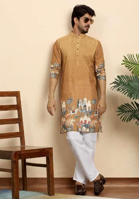 Beige Printed Cotton Blend Kurta Set For Men