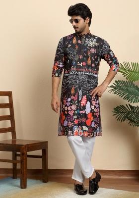 Black Printed Cotton Blend Kurta Set For Men