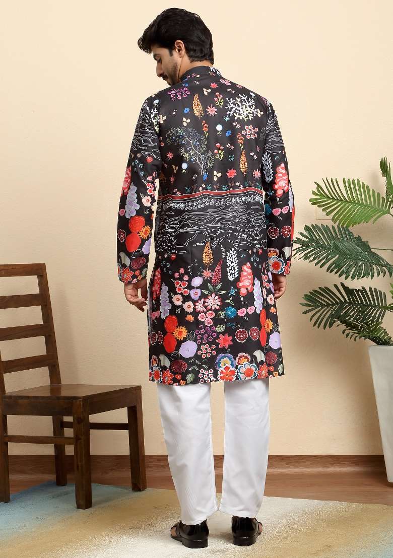 Black Printed Cotton Blend Kurta Set For Men - Indya