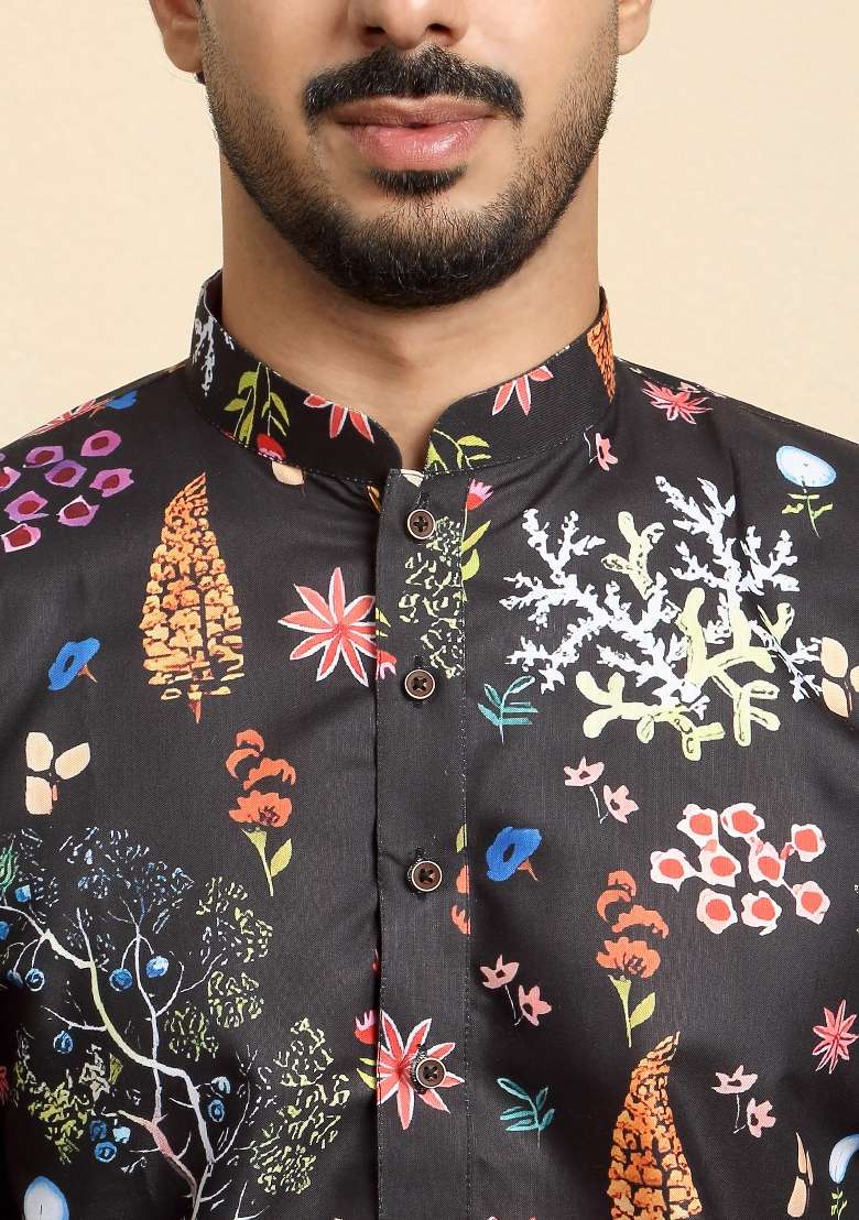 Black Printed Cotton Blend Kurta Set For Men - Indya