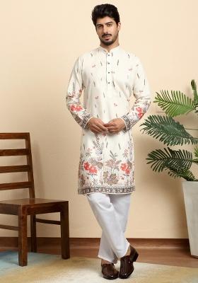 Cream Printed Cotton Blend Kurta Set For Men