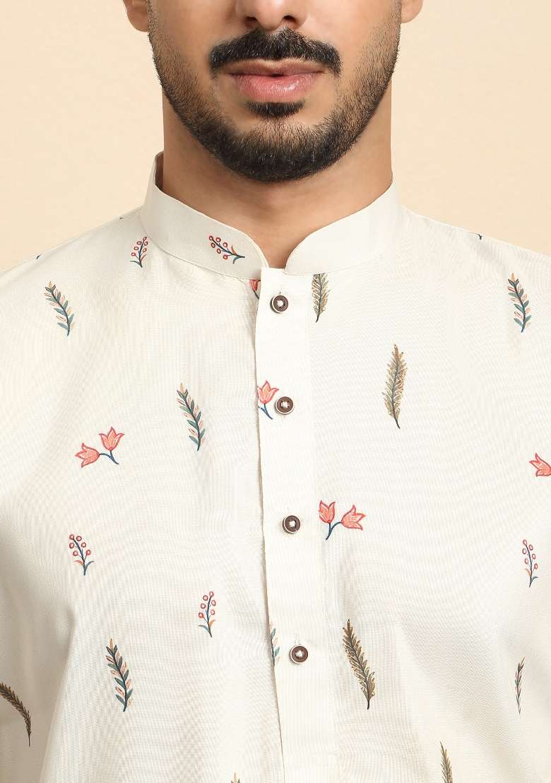 Cream Printed Cotton Blend Kurta Set For Men - Indya