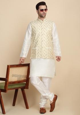 Cream Embroidered Silk Blend Kurta Set For Men