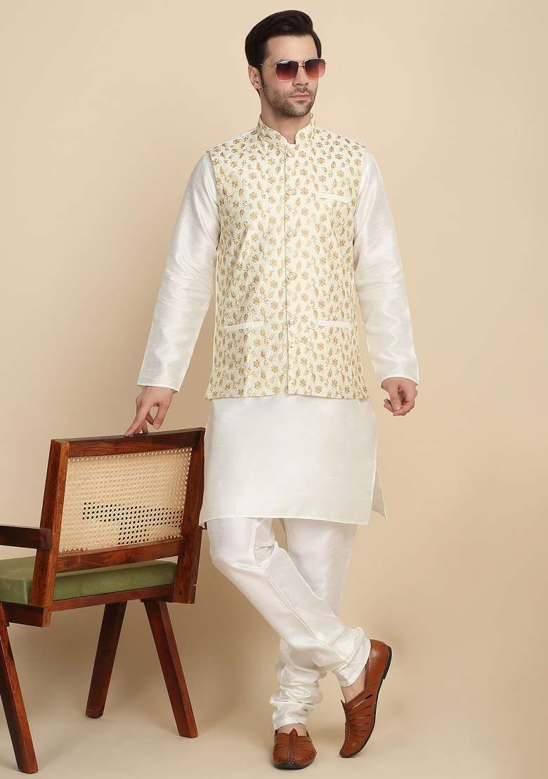 Cream Embroidered Silk Blend Kurta Set For Men - Indya