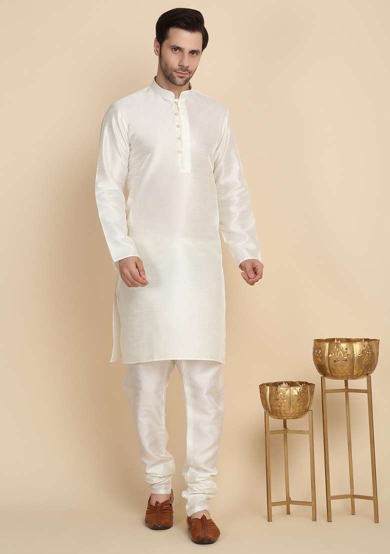 Cream Embroidered Silk Blend Kurta Set For Men - Indya
