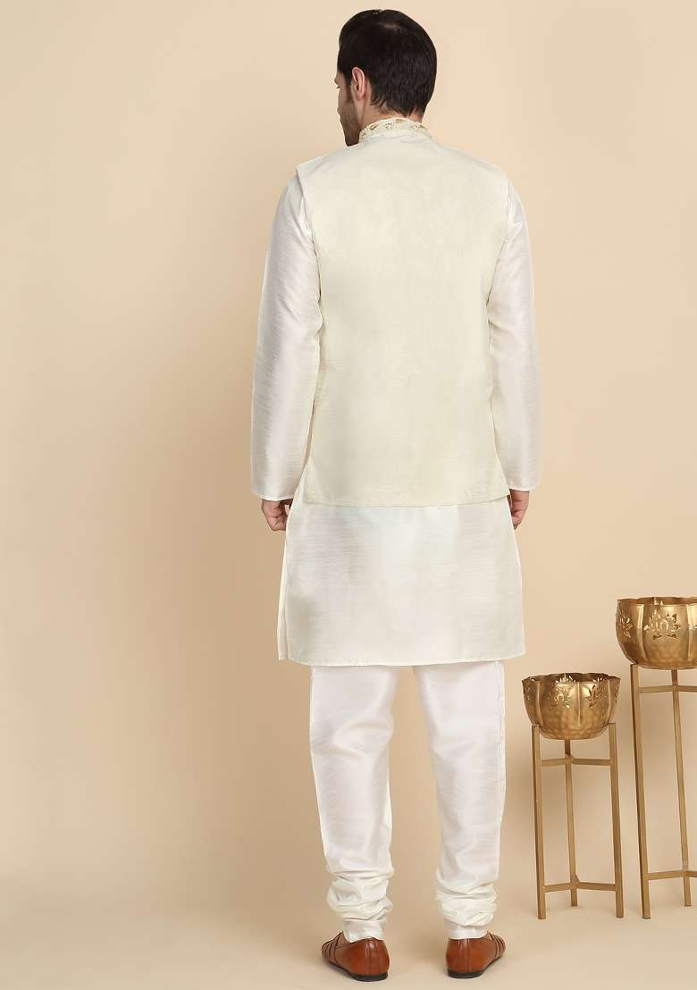 Cream Embroidered Silk Blend Kurta Set For Men - Indya