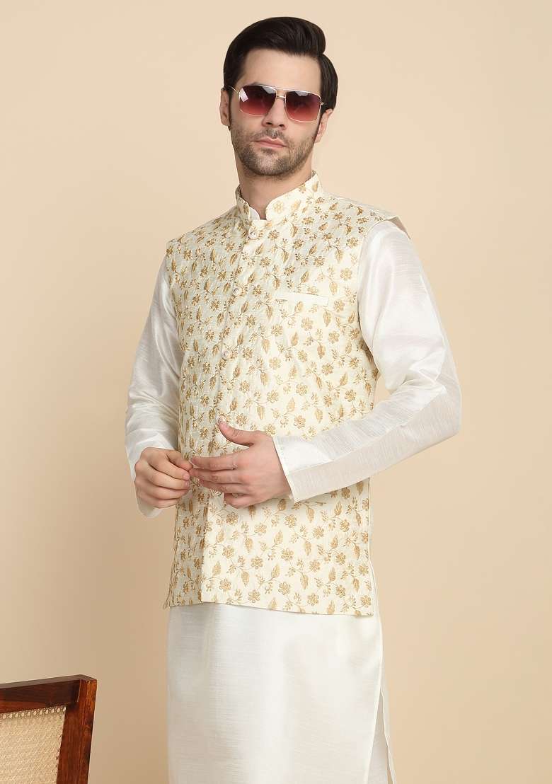 Cream Embroidered Silk Blend Kurta Set For Men - Indya