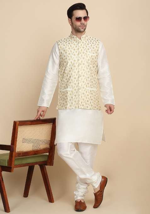 Cream Embroidered Silk Blend Kurta Set For Men
