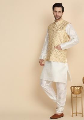 Cream And Beige Embroidered Silk Blend Kurta Set For Men