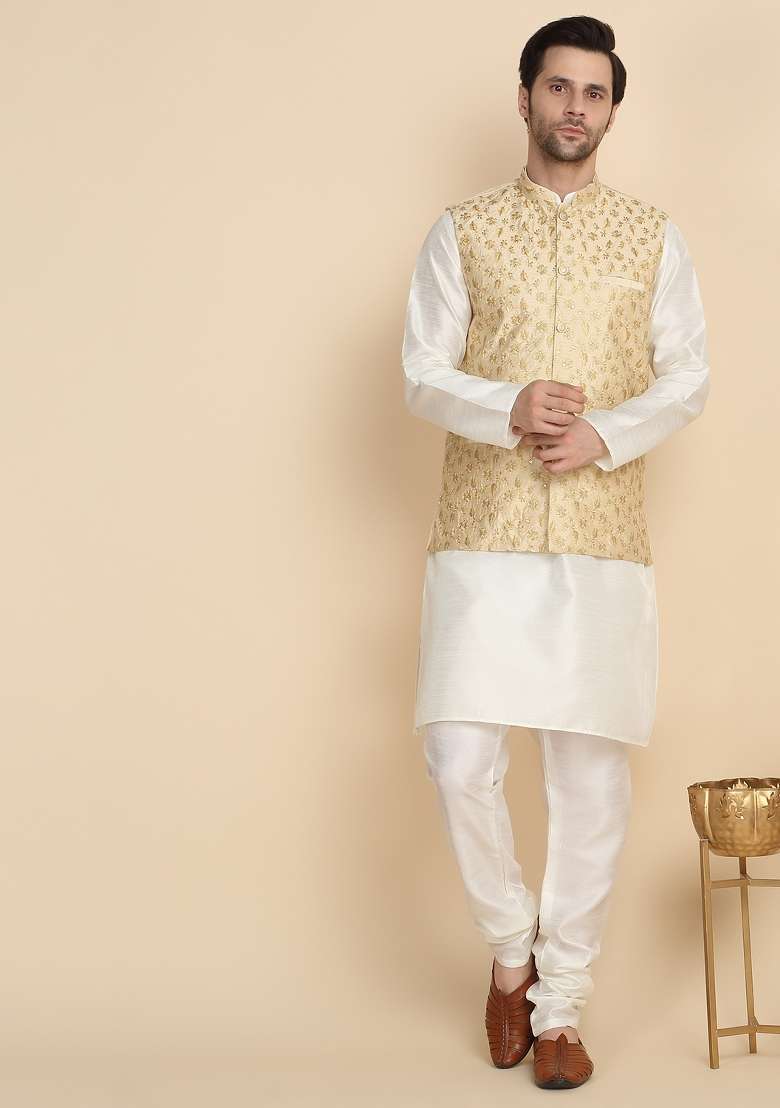 Cream And Beige Embroidered Silk Blend Kurta Set For Men - Indya