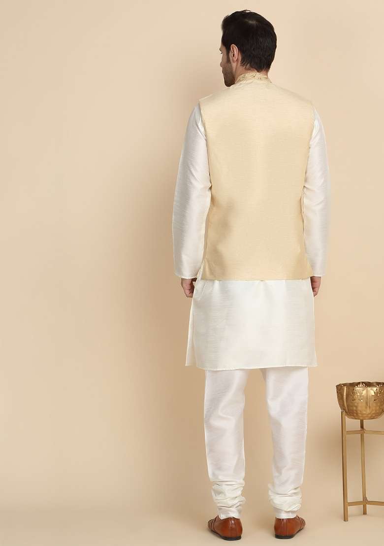 Cream And Beige Embroidered Silk Blend Kurta Set For Men - Indya