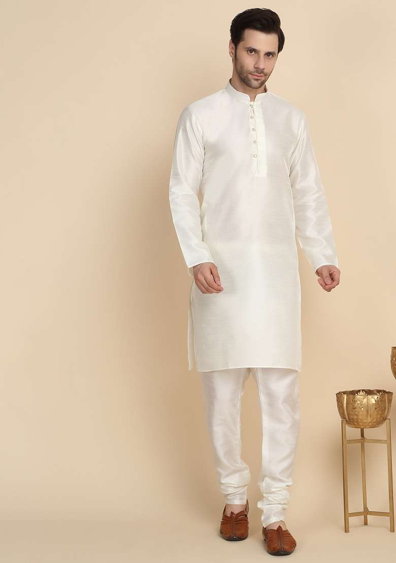 Cream And Beige Embroidered Silk Blend Kurta Set For Men - Indya