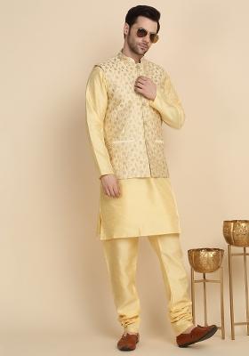 Beige Embroidered Silk Blend Kurta Set For Men