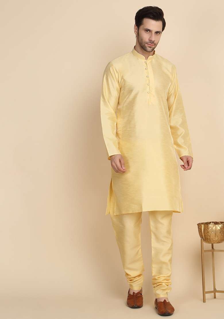 Beige Embroidered Silk Blend Kurta Set For Men - Indya