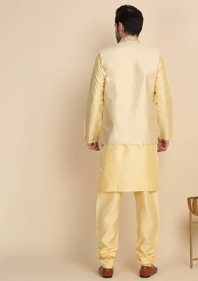 Beige Embroidered Silk Blend Kurta Set For Men - Indya