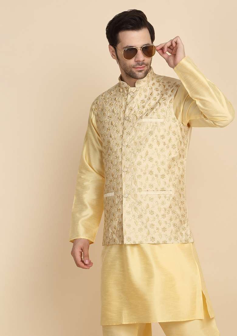Beige Embroidered Silk Blend Kurta Set For Men - Indya