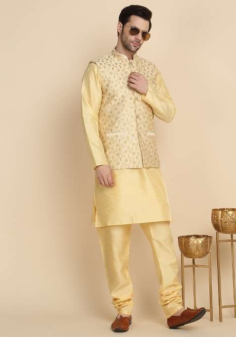 Beige Embroidered Silk Blend Kurta Set For Men