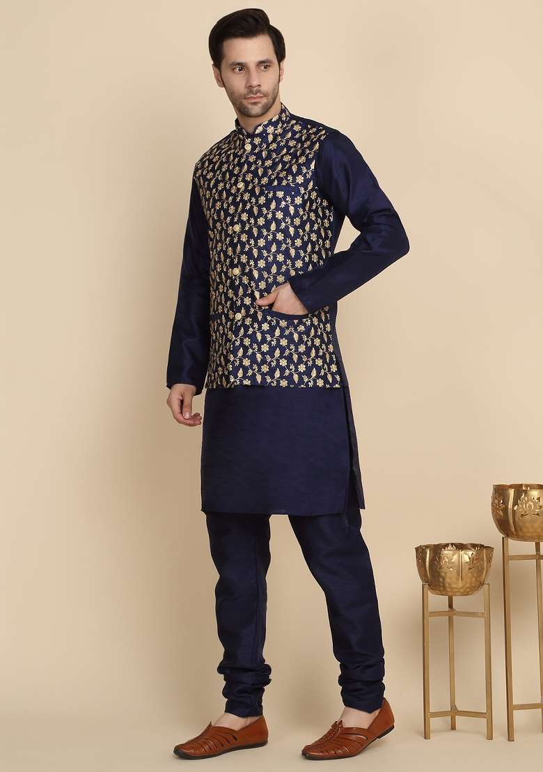 Blue Embroidered Silk Kurta Set For Men - Indya