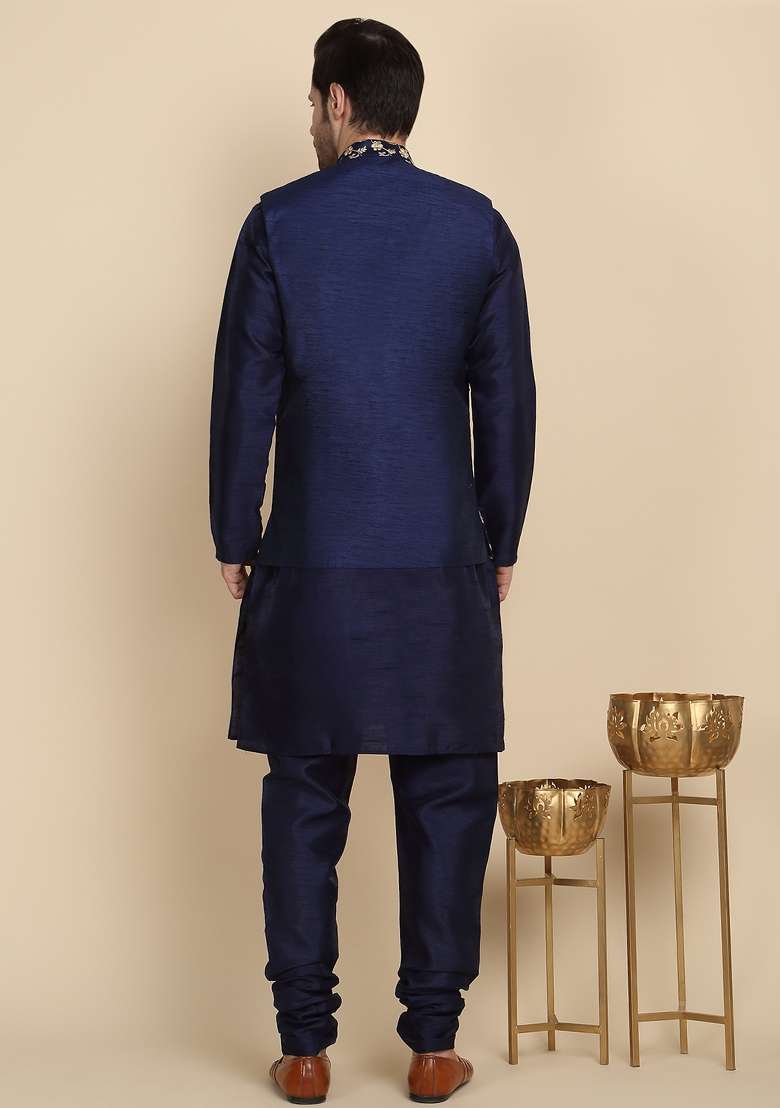 Blue Embroidered Silk Kurta Set For Men - Indya