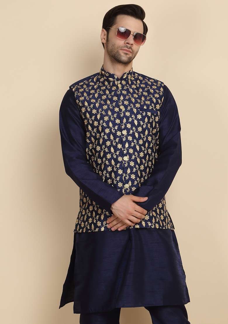 Blue Embroidered Silk Kurta Set For Men - Indya