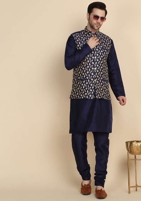 Blue Embroidered Silk Kurta Set For Men