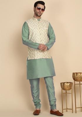 Green And Cream Embroidered Silk Blend Kurta Set For Men