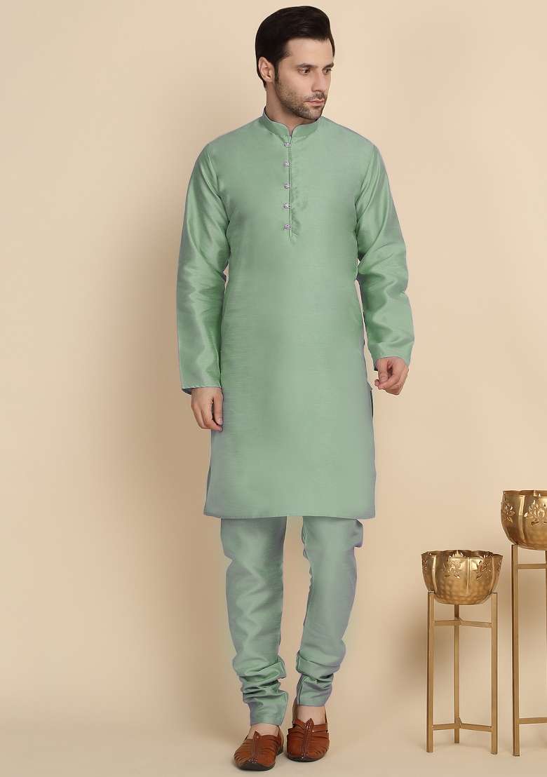 Green And Cream Embroidered Silk Blend Kurta Set For Men - Indya