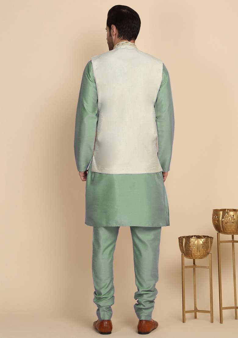 Green And Cream Embroidered Silk Blend Kurta Set For Men - Indya