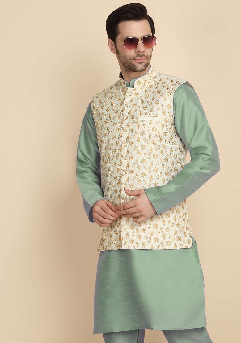 Green And Cream Embroidered Silk Blend Kurta Set For Men - Indya