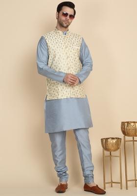 Sky Blue And Cream Embroidered Silk Blend Kurta Set For Men