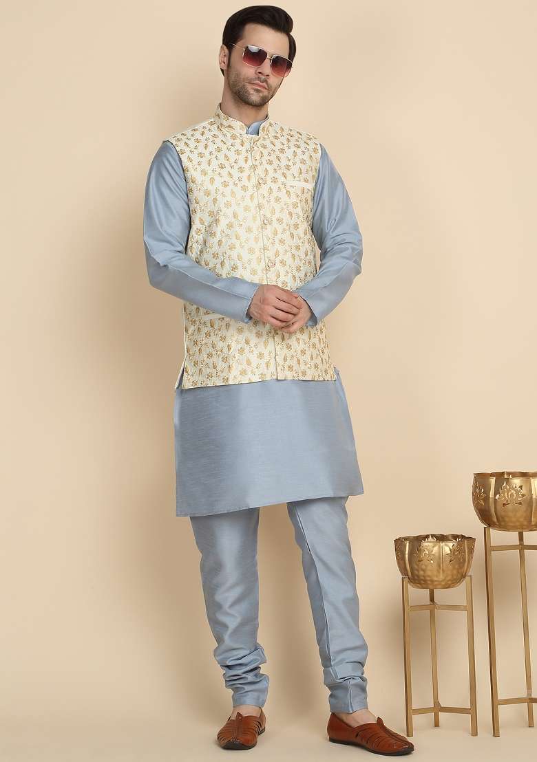Sky Blue And Cream Embroidered Silk Blend Kurta Set For Men - Indya
