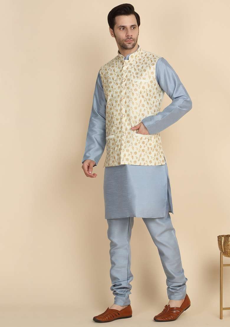 Sky Blue And Cream Embroidered Silk Blend Kurta Set For Men - Indya