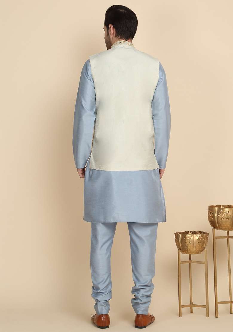 Sky Blue And Cream Embroidered Silk Blend Kurta Set For Men - Indya