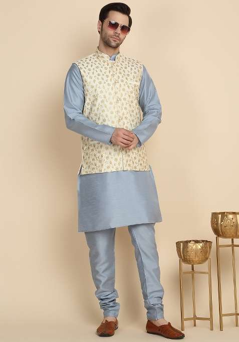 Sky Blue And Cream Embroidered Silk Blend Kurta Set For Men