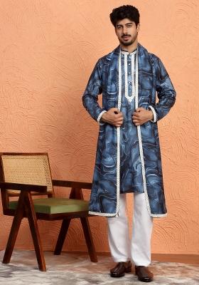 Blue Printed Silk Blend Kurta Set For Men
