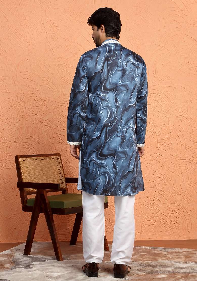 Blue Printed Silk Blend Kurta Set For Men - Indya