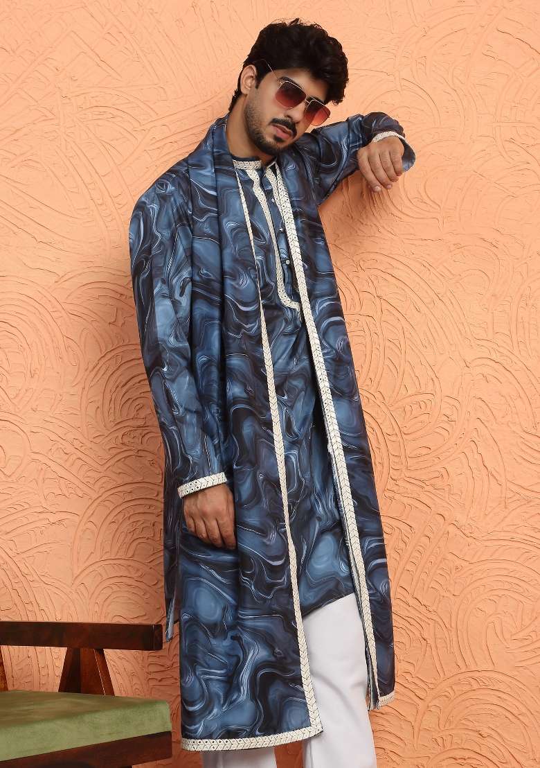 Blue Printed Silk Blend Kurta Set For Men - Indya