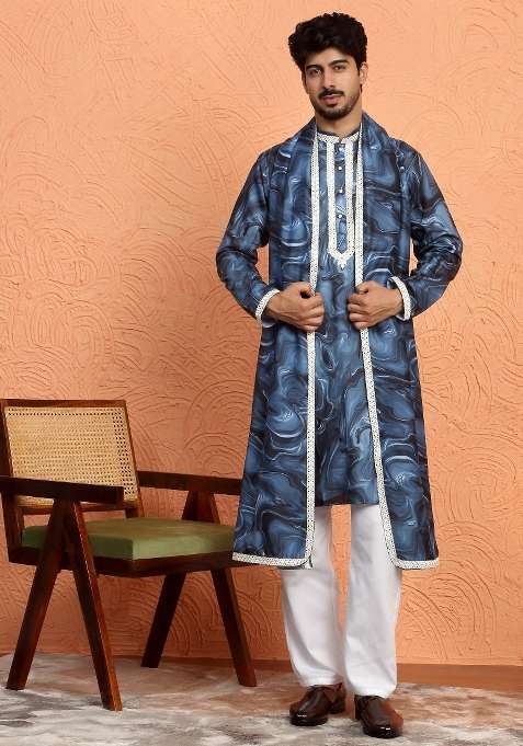 Blue Printed Silk Blend Kurta Set For Men