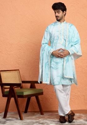 Green Printed Silk Blend Kurta Set For Men