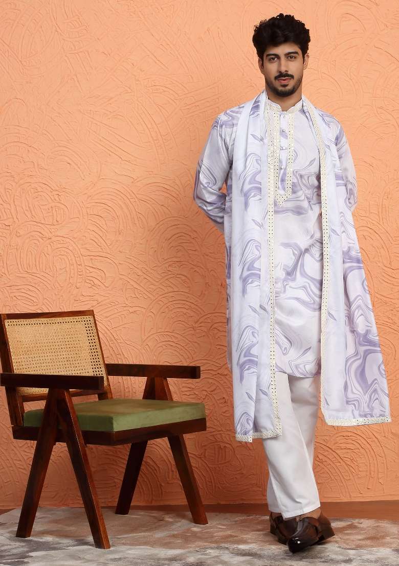 Mauve Printed Silk Blend Kurta Set For Men - Indya