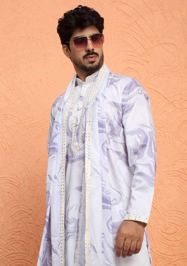 Mauve Printed Silk Blend Kurta Set For Men - Indya