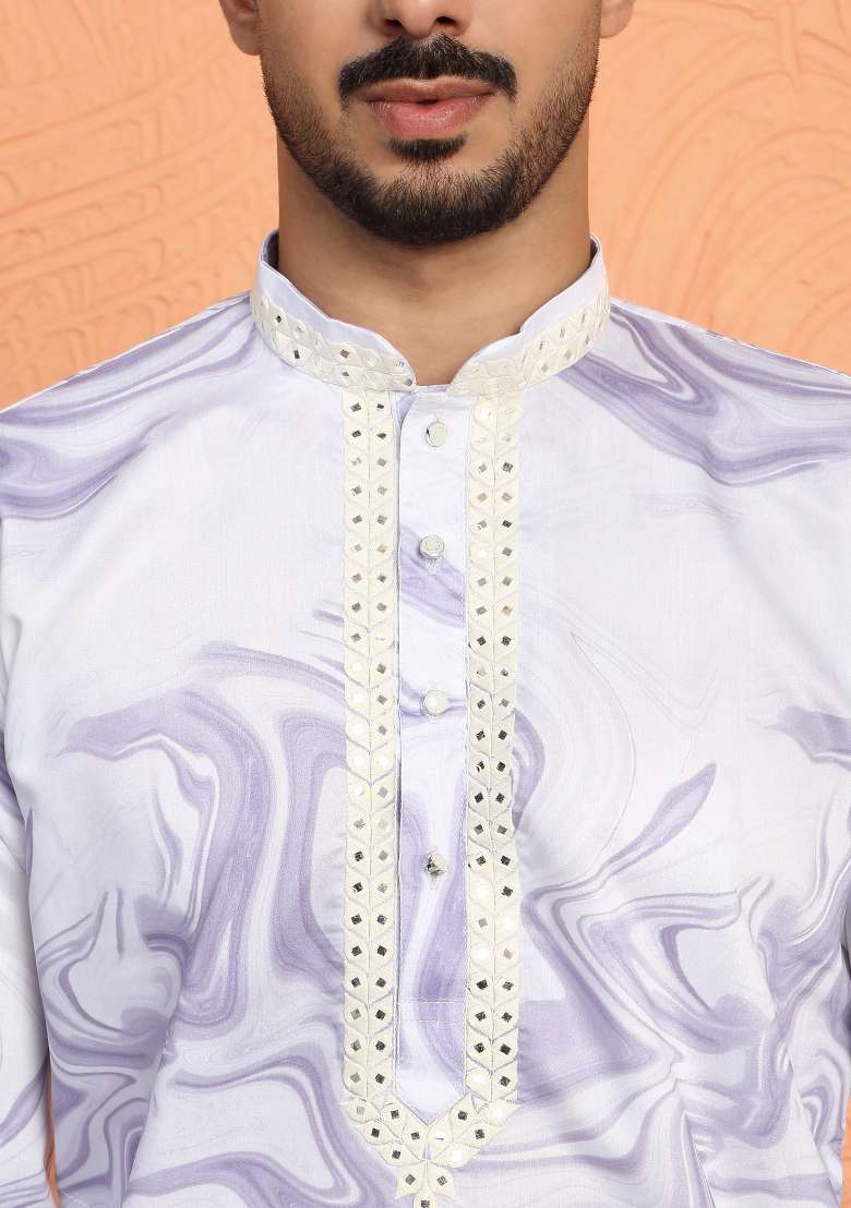 Mauve Printed Silk Blend Kurta Set For Men - Indya