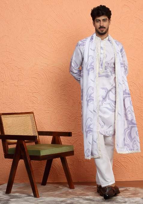 Mauve Printed Silk Blend Kurta Set For Men