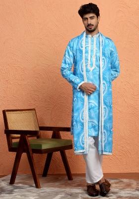 Sky Blue Printed Silk Blend Kurta Set For Men
