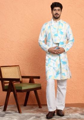 White Printed Silk Blend Kurta Set For Men