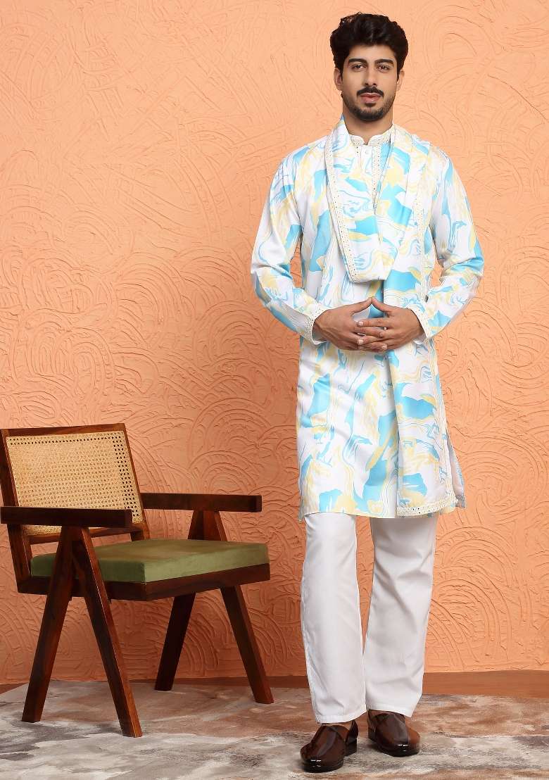 White Printed Silk Blend Kurta Set For Men - Indya