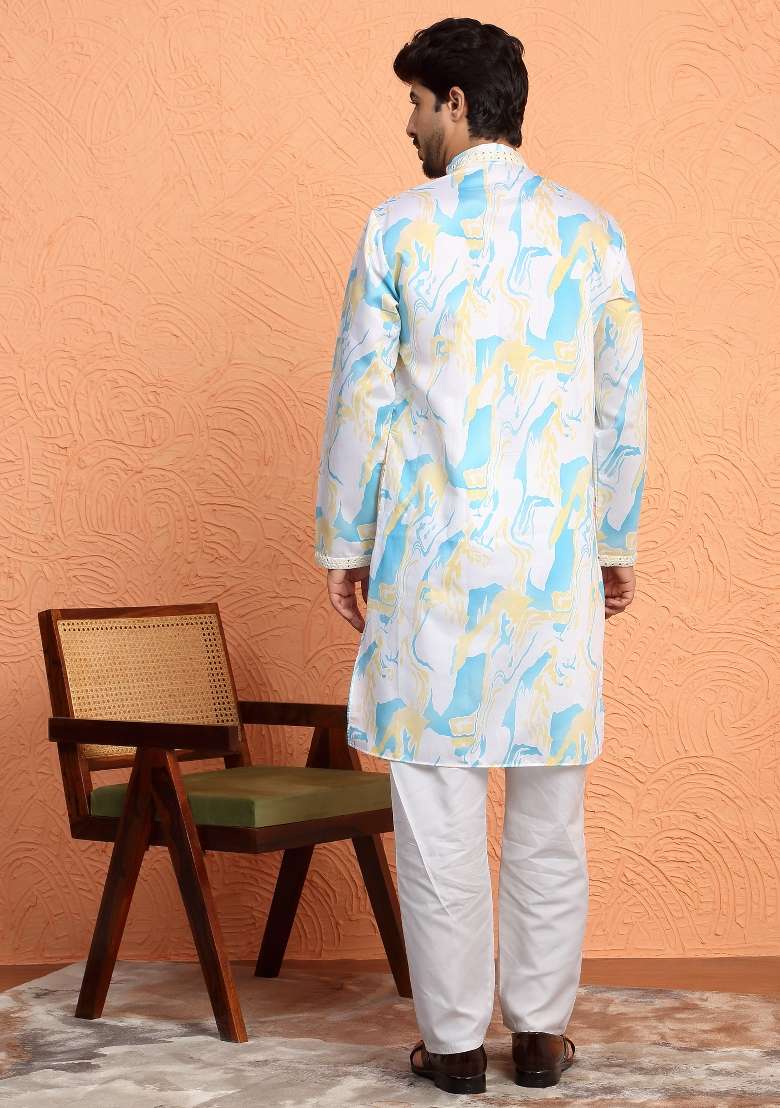 White Printed Silk Blend Kurta Set For Men - Indya