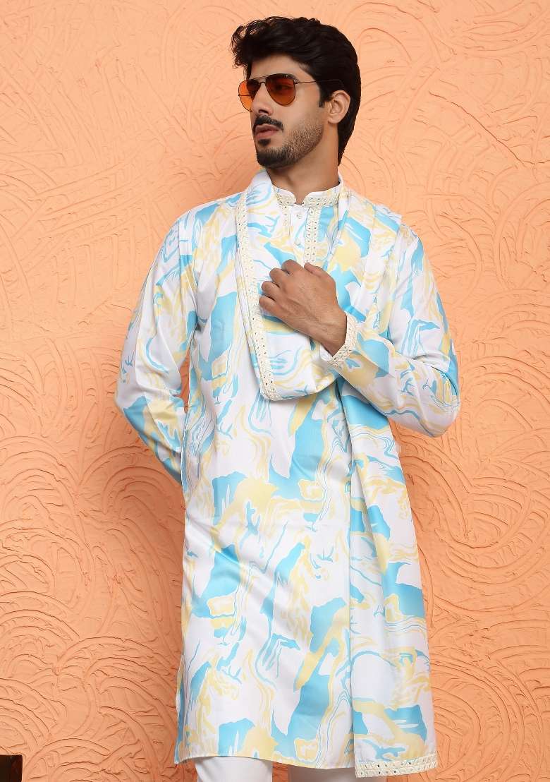 White Printed Silk Blend Kurta Set For Men - Indya