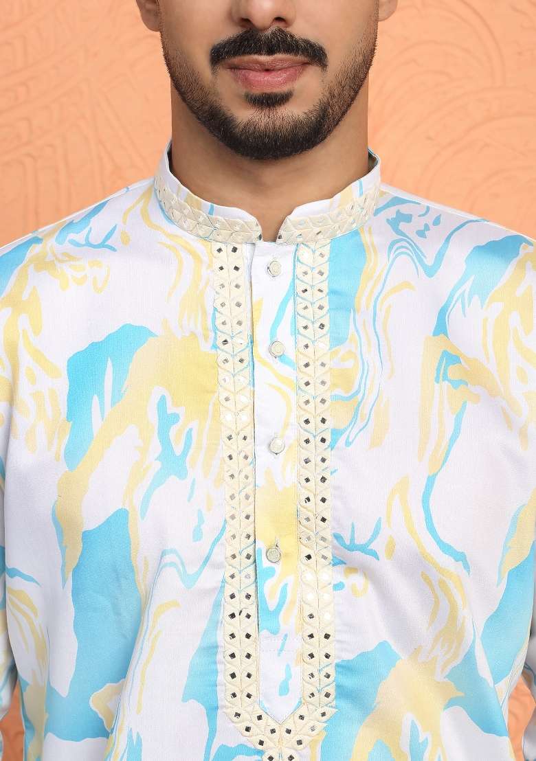 White Printed Silk Blend Kurta Set For Men - Indya