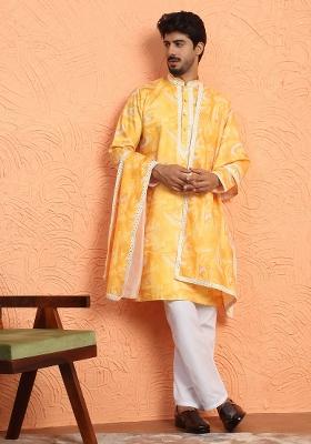 Yellow Printed Silk Blend Kurta Set For Men